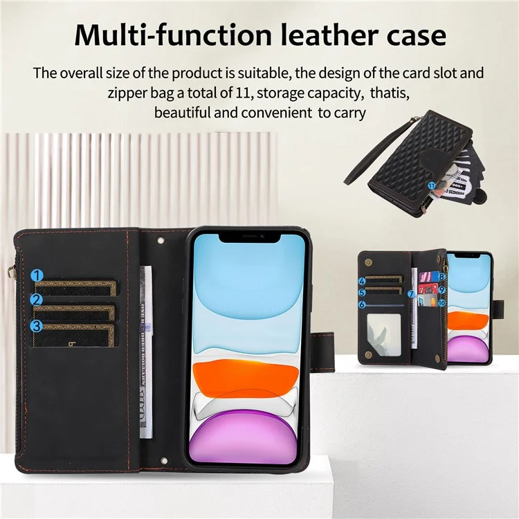 Pour iPhone 11 Zipper Pocket Leather Wallet Phone Case 9 Card Slots Rhombus Imprinted Stand Shell - Noir