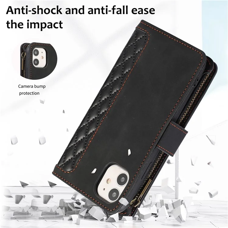 Pour iPhone 11 Zipper Pocket Leather Wallet Phone Case 9 Card Slots Rhombus Imprinted Stand Shell - Noir