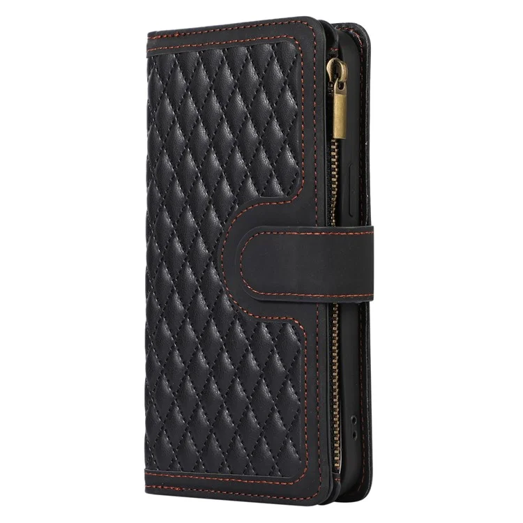 Pour iPhone 11 Zipper Pocket Leather Wallet Phone Case 9 Card Slots Rhombus Imprinted Stand Shell - Noir