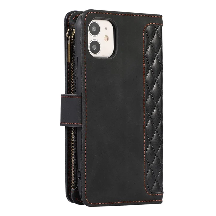 Pour iPhone 11 Zipper Pocket Leather Wallet Phone Case 9 Card Slots Rhombus Imprinted Stand Shell - Noir