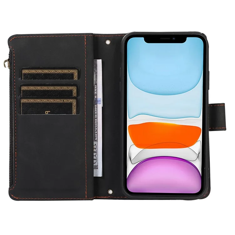 Pour iPhone 11 Zipper Pocket Leather Wallet Phone Case 9 Card Slots Rhombus Imprinted Stand Shell - Noir