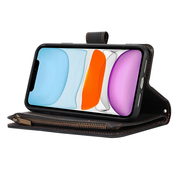 Pour iPhone 11 Zipper Pocket Leather Wallet Phone Case 9 Card Slots Rhombus Imprinted Stand Shell - Noir
