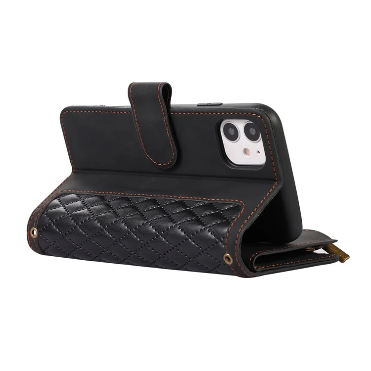 Pour iPhone 11 Zipper Pocket Leather Wallet Phone Case 9 Card Slots Rhombus Imprinted Stand Shell - Noir