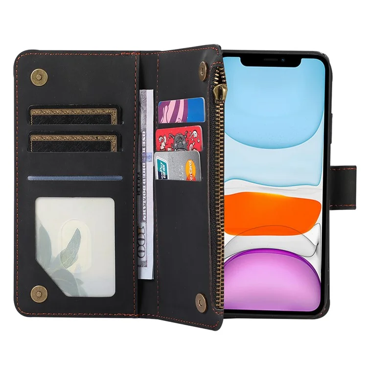 Pour iPhone 11 Zipper Pocket Leather Wallet Phone Case 9 Card Slots Rhombus Imprinted Stand Shell - Noir