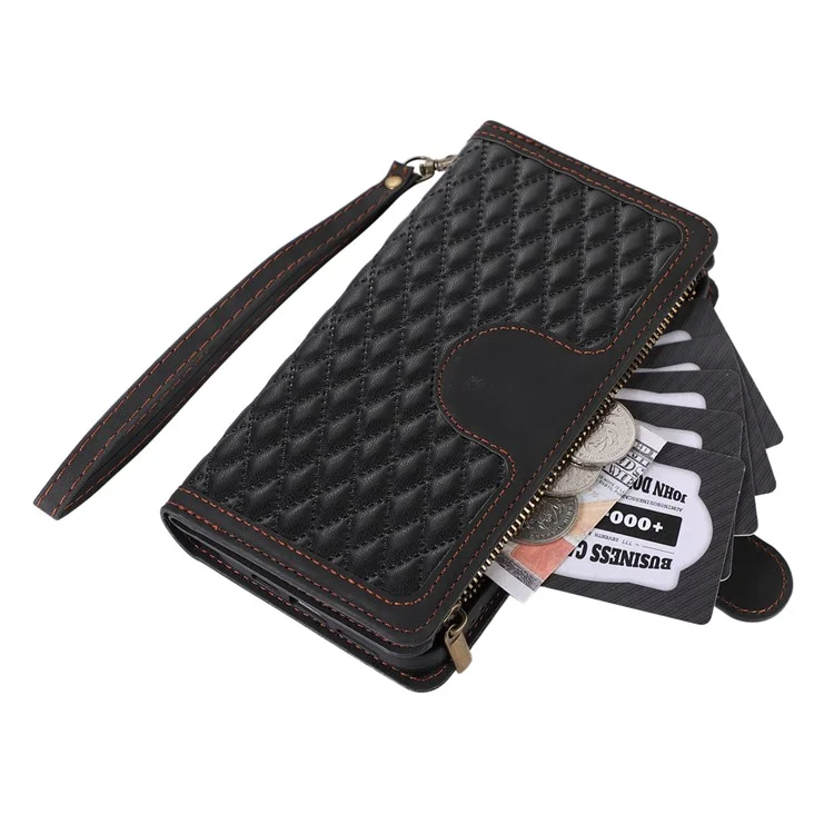 Pour iPhone 11 Zipper Pocket Leather Wallet Phone Case 9 Card Slots Rhombus Imprinted Stand Shell - Noir
