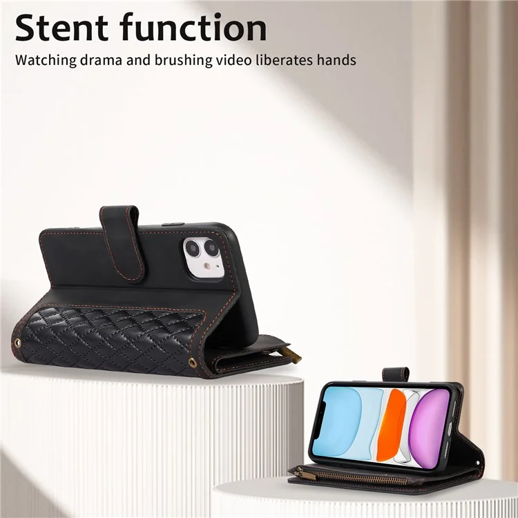 Pour iPhone 11 Zipper Pocket Leather Wallet Phone Case 9 Card Slots Rhombus Imprinted Stand Shell - Noir