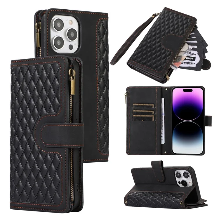 Für iPhone 14 Pro Lederbrieftasche Ständer Handyhülle 9 Kartenfächer Reißverschlusstasche Rhombus Geprägter Gehäuse - Schwarz