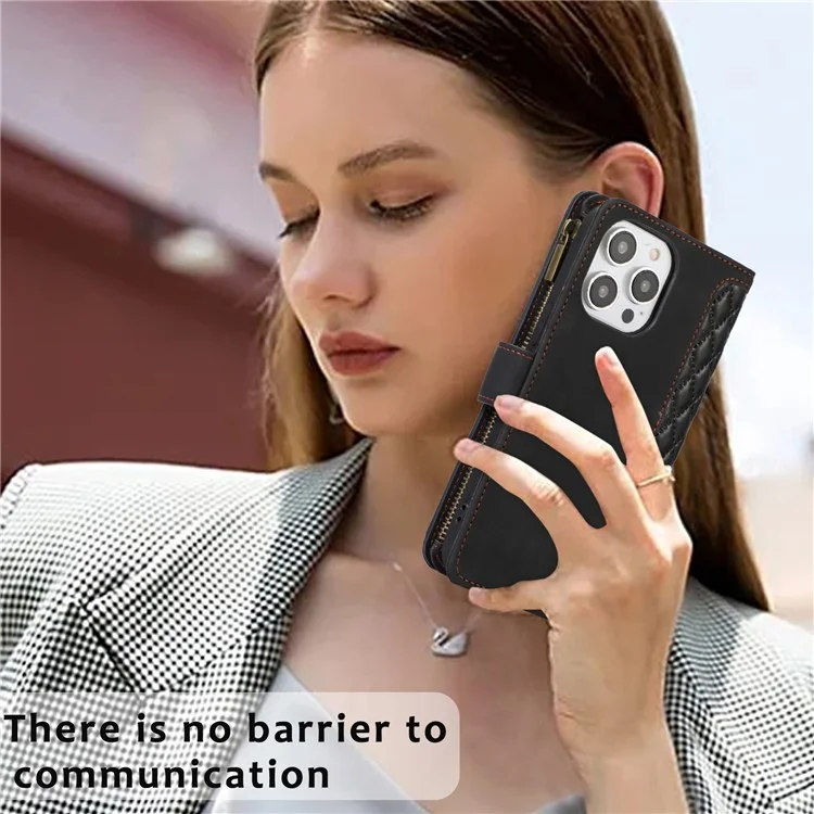 Für iPhone 14 Pro Lederbrieftasche Ständer Handyhülle 9 Kartenfächer Reißverschlusstasche Rhombus Geprägter Gehäuse - Schwarz