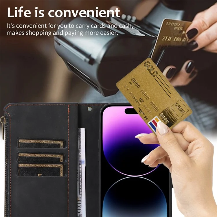 Für iPhone 14 Pro Lederbrieftasche Ständer Handyhülle 9 Kartenfächer Reißverschlusstasche Rhombus Geprägter Gehäuse - Schwarz
