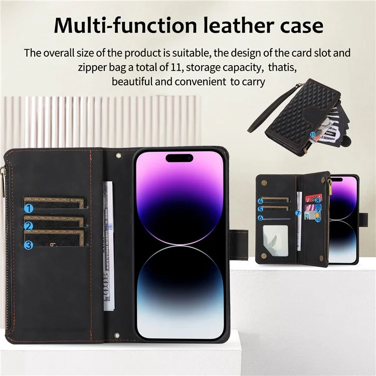 Für iPhone 14 Pro Lederbrieftasche Ständer Handyhülle 9 Kartenfächer Reißverschlusstasche Rhombus Geprägter Gehäuse - Schwarz