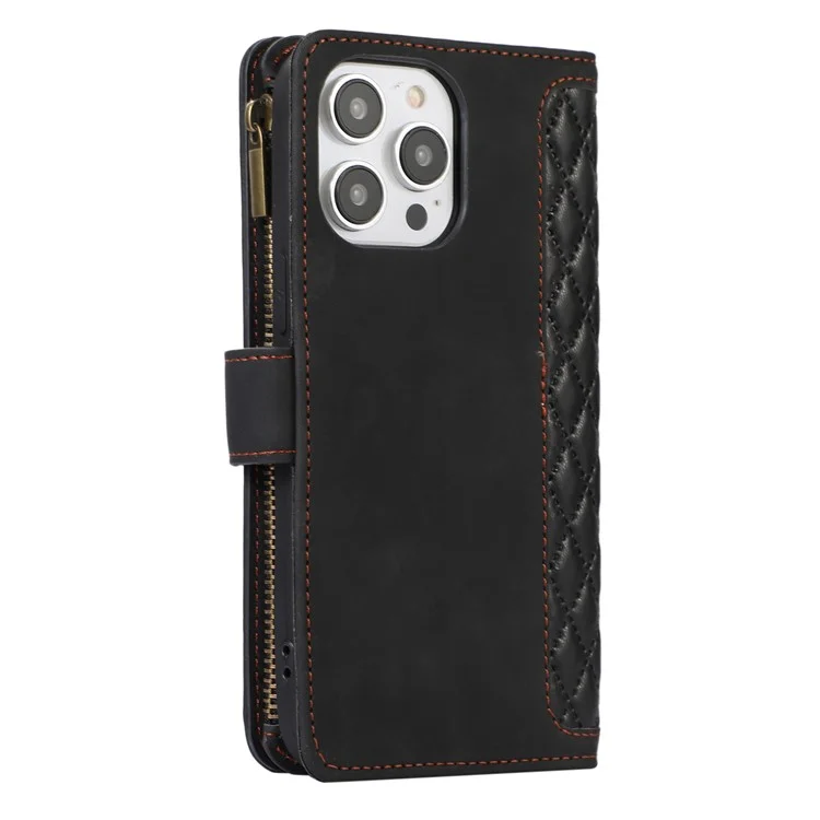 Für iPhone 14 Pro Lederbrieftasche Ständer Handyhülle 9 Kartenfächer Reißverschlusstasche Rhombus Geprägter Gehäuse - Schwarz