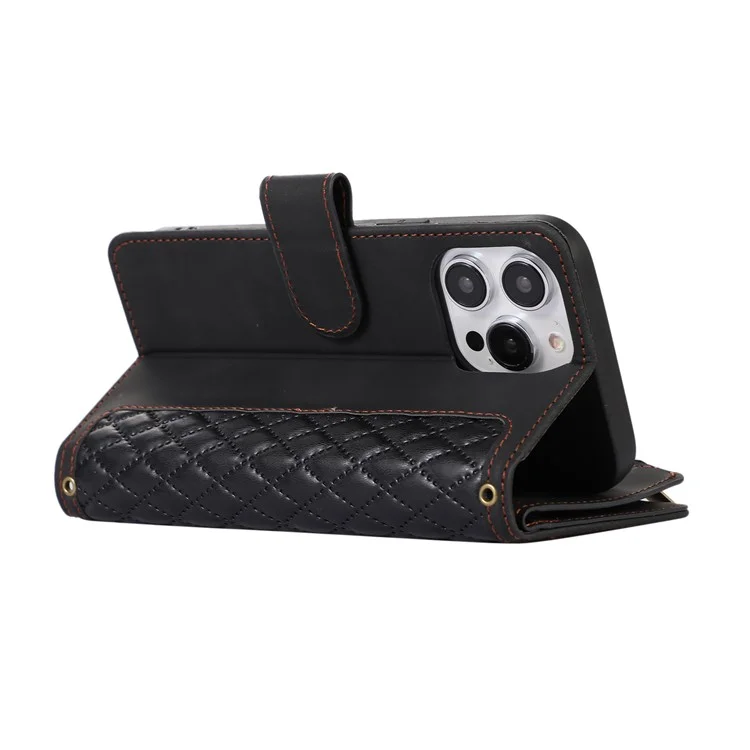 Für iPhone 14 Pro Lederbrieftasche Ständer Handyhülle 9 Kartenfächer Reißverschlusstasche Rhombus Geprägter Gehäuse - Schwarz