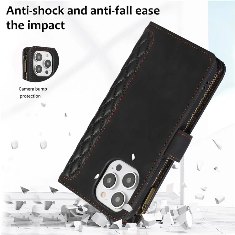 Für iPhone 14 Pro Lederbrieftasche Ständer Handyhülle 9 Kartenfächer Reißverschlusstasche Rhombus Geprägter Gehäuse - Schwarz