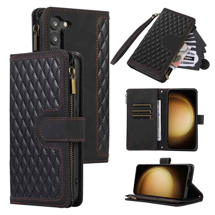 Pour Samsung Galaxy S23+ Zipper Pocket Leather Wallet Phone Case Rhombus Grid Card Holder Stand Cover - Noir