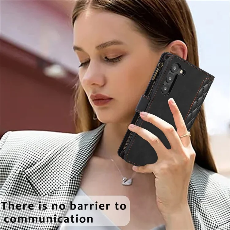 Pour Samsung Galaxy S23+ Zipper Pocket Leather Wallet Phone Case Rhombus Grid Card Holder Stand Cover - Noir