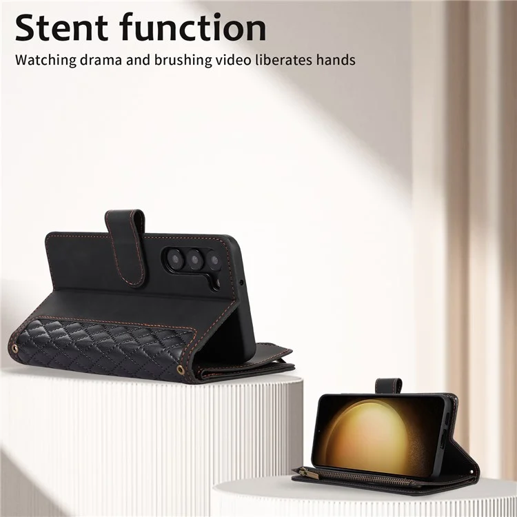 Pour Samsung Galaxy S23+ Zipper Pocket Leather Wallet Phone Case Rhombus Grid Card Holder Stand Cover - Noir