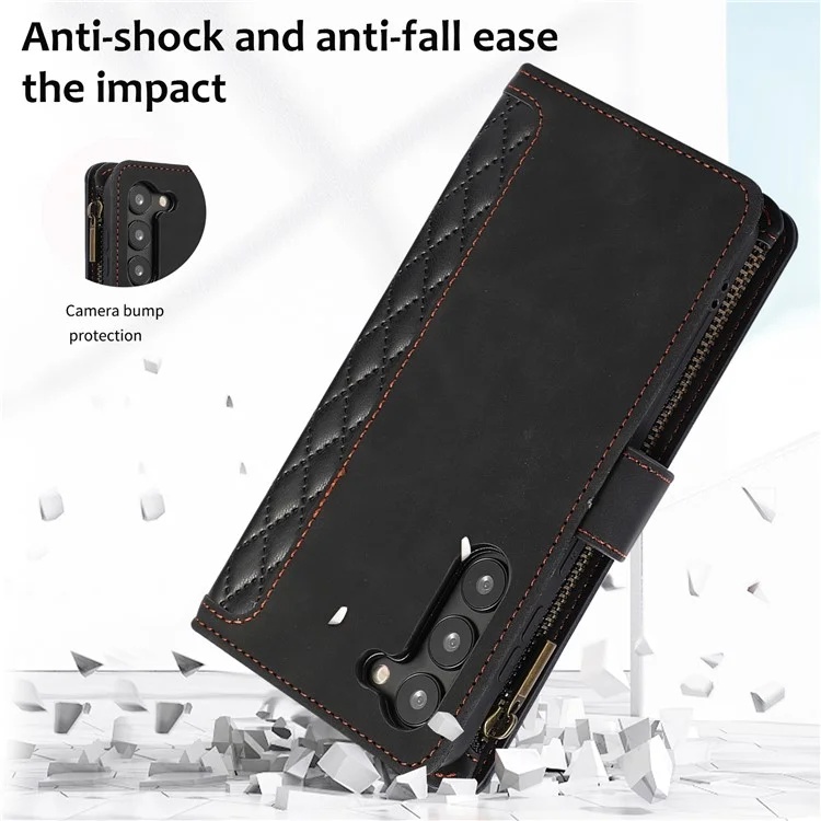 Pour Samsung Galaxy S23+ Zipper Pocket Leather Wallet Phone Case Rhombus Grid Card Holder Stand Cover - Noir