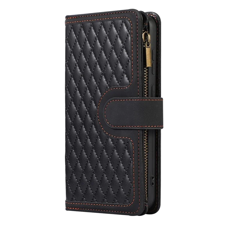 Pour Samsung Galaxy S23+ Zipper Pocket Leather Wallet Phone Case Rhombus Grid Card Holder Stand Cover - Noir