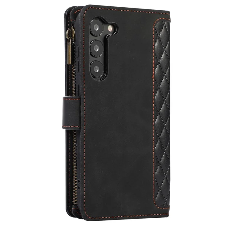Pour Samsung Galaxy S23+ Zipper Pocket Leather Wallet Phone Case Rhombus Grid Card Holder Stand Cover - Noir
