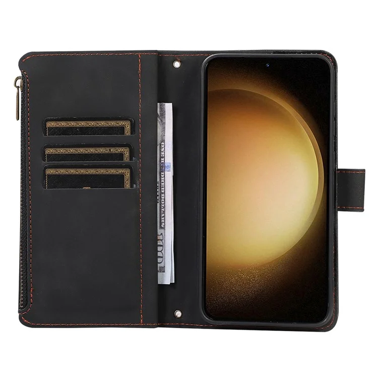 Pour Samsung Galaxy S23+ Zipper Pocket Leather Wallet Phone Case Rhombus Grid Card Holder Stand Cover - Noir