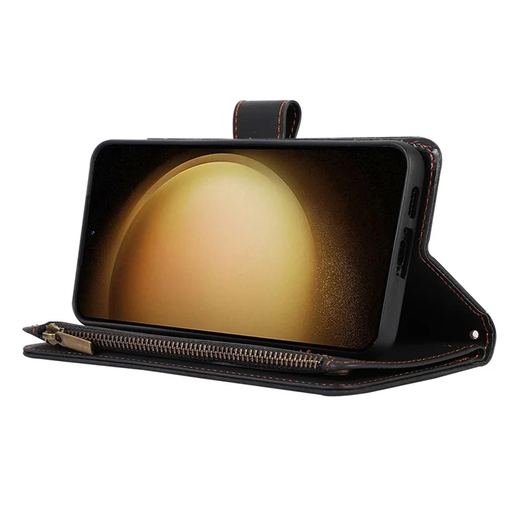 Pour Samsung Galaxy S23+ Zipper Pocket Leather Wallet Phone Case Rhombus Grid Card Holder Stand Cover - Noir
