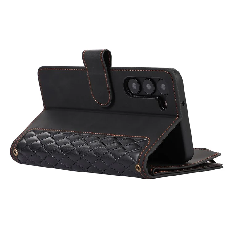 Pour Samsung Galaxy S23+ Zipper Pocket Leather Wallet Phone Case Rhombus Grid Card Holder Stand Cover - Noir