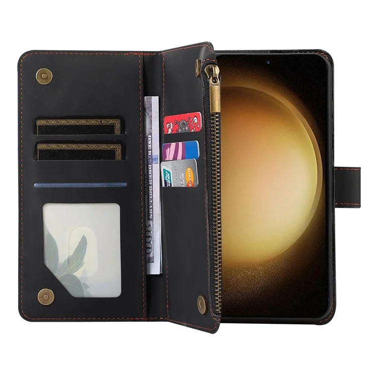 Pour Samsung Galaxy S23+ Zipper Pocket Leather Wallet Phone Case Rhombus Grid Card Holder Stand Cover - Noir