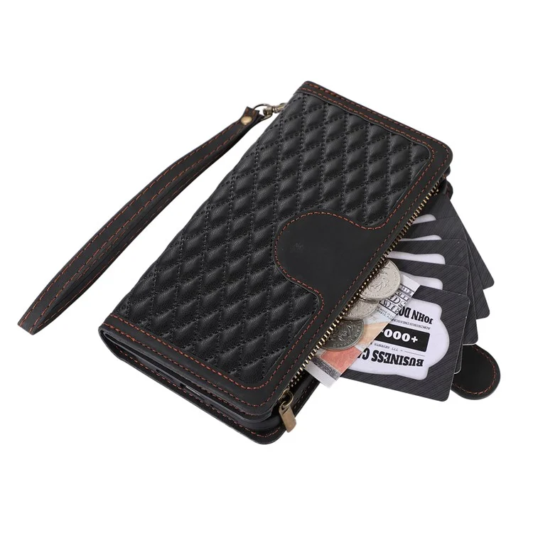Pour Samsung Galaxy S23+ Zipper Pocket Leather Wallet Phone Case Rhombus Grid Card Holder Stand Cover - Noir