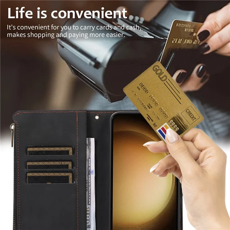 Pour Samsung Galaxy S23+ Zipper Pocket Leather Wallet Phone Case Rhombus Grid Card Holder Stand Cover - Noir