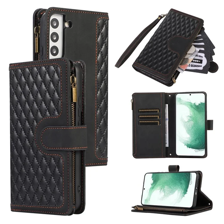 Leather Phone Case for Samsung Galaxy S22+ 5G 9 Card Slots Zipper Pocket Rhombus Imprint Stand Wallet Cover - Black