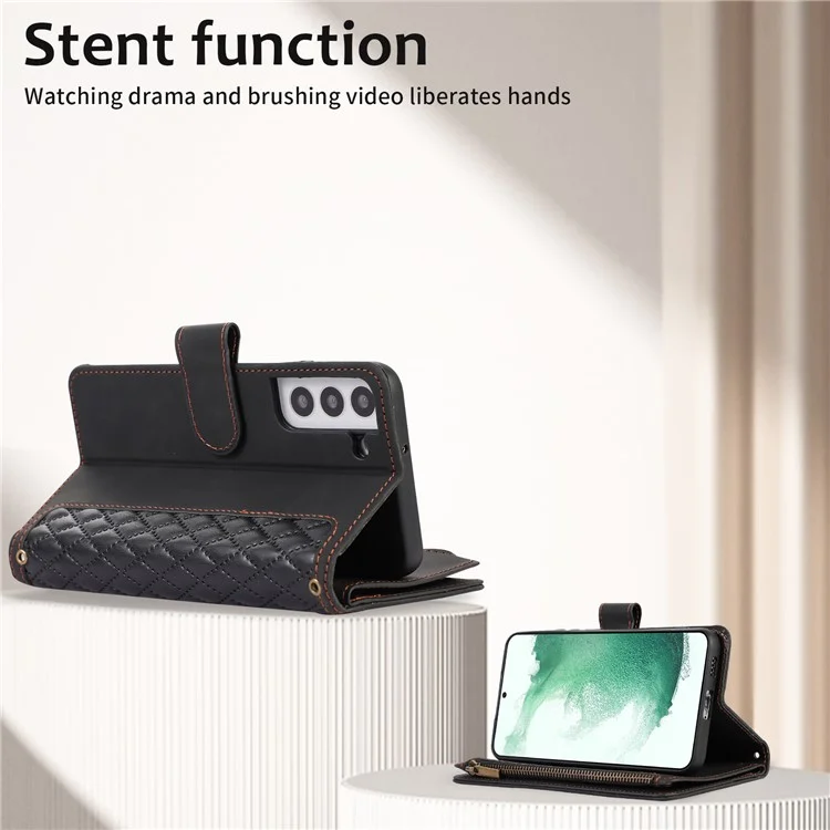 Leather Phone Case for Samsung Galaxy S22+ 5G 9 Card Slots Zipper Pocket Rhombus Imprint Stand Wallet Cover - Black