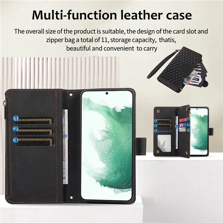 Leather Phone Case for Samsung Galaxy S22+ 5G 9 Card Slots Zipper Pocket Rhombus Imprint Stand Wallet Cover - Black