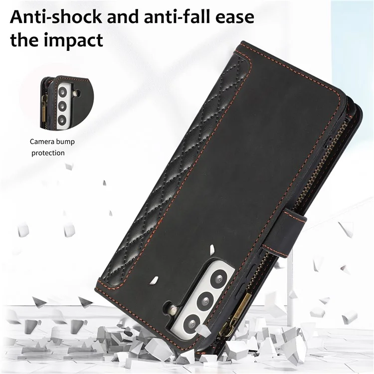 Leather Phone Case for Samsung Galaxy S22+ 5G 9 Card Slots Zipper Pocket Rhombus Imprint Stand Wallet Cover - Black