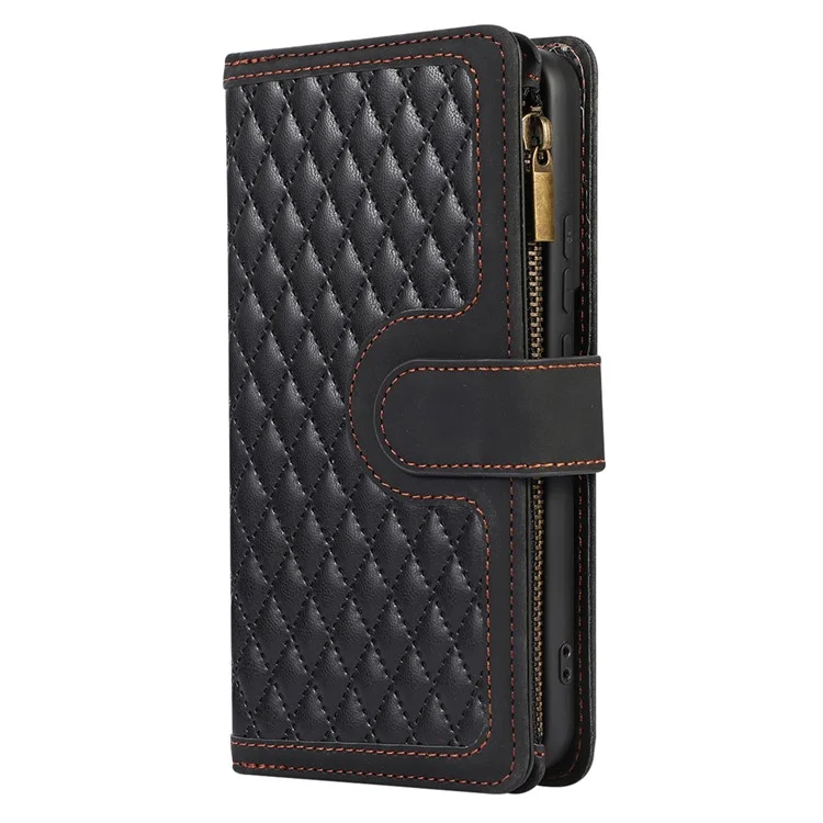 Leather Phone Case for Samsung Galaxy S22+ 5G 9 Card Slots Zipper Pocket Rhombus Imprint Stand Wallet Cover - Black