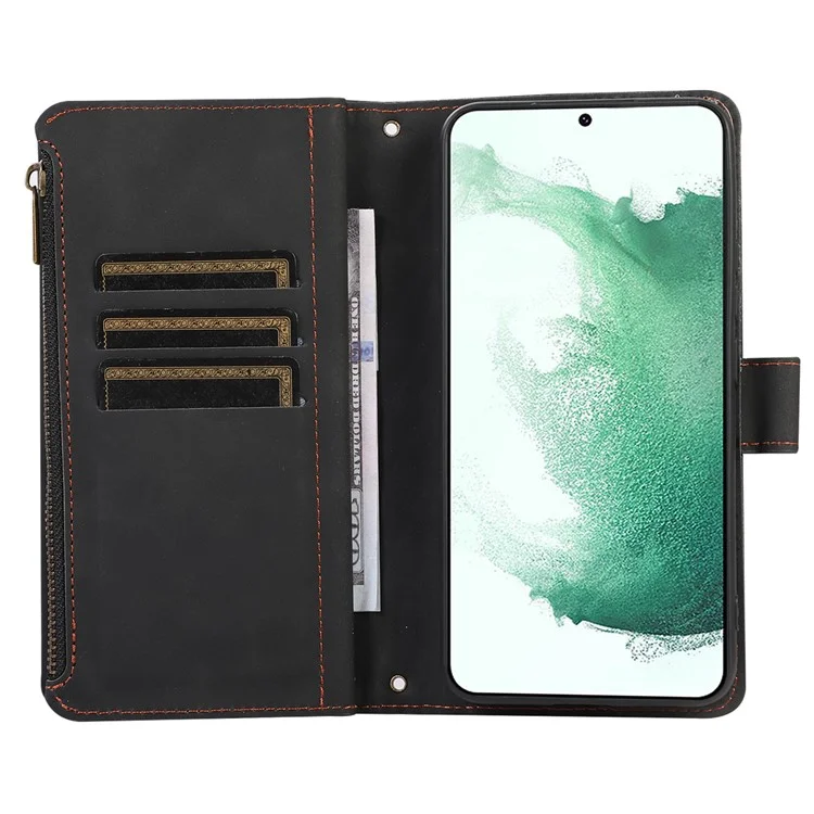 Leather Phone Case for Samsung Galaxy S22+ 5G 9 Card Slots Zipper Pocket Rhombus Imprint Stand Wallet Cover - Black