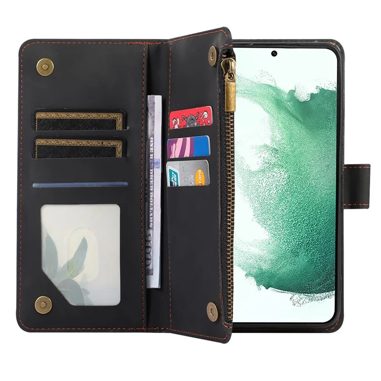 Leather Phone Case for Samsung Galaxy S22+ 5G 9 Card Slots Zipper Pocket Rhombus Imprint Stand Wallet Cover - Black