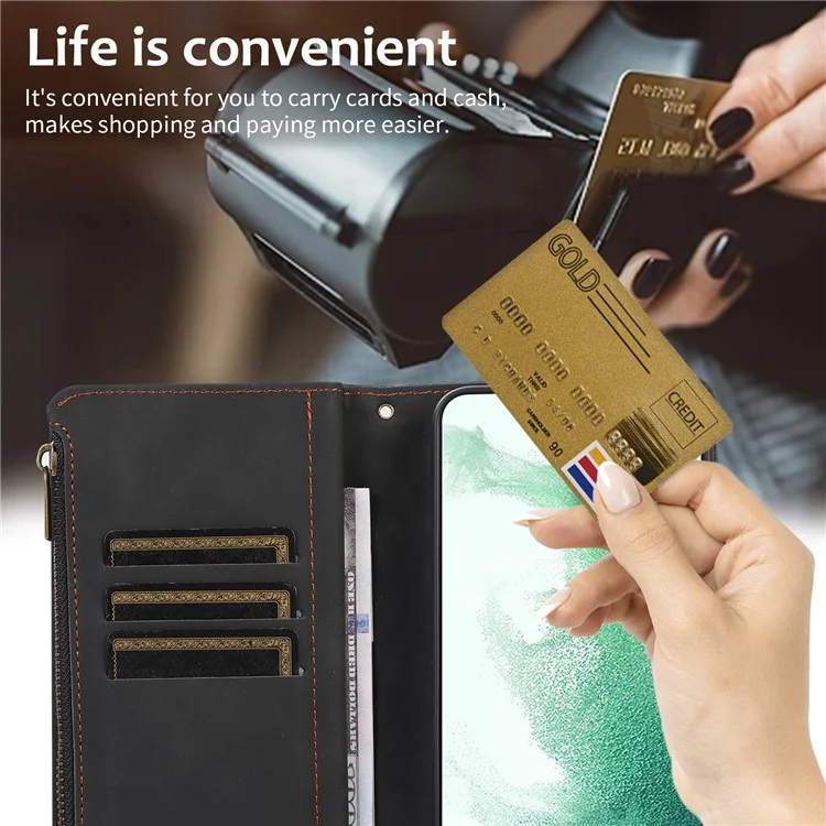 Leather Phone Case for Samsung Galaxy S22+ 5G 9 Card Slots Zipper Pocket Rhombus Imprint Stand Wallet Cover - Black