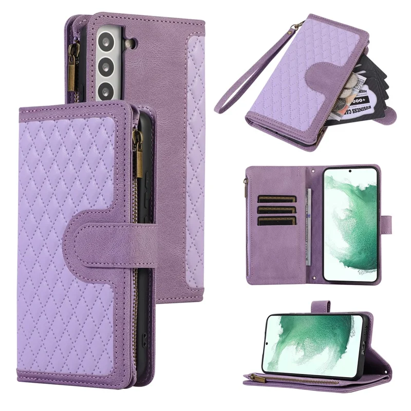 Leather Phone Case for Samsung Galaxy S22+ 5G 9 Card Slots Zipper Pocket Rhombus Imprint Stand Wallet Cover - Purple