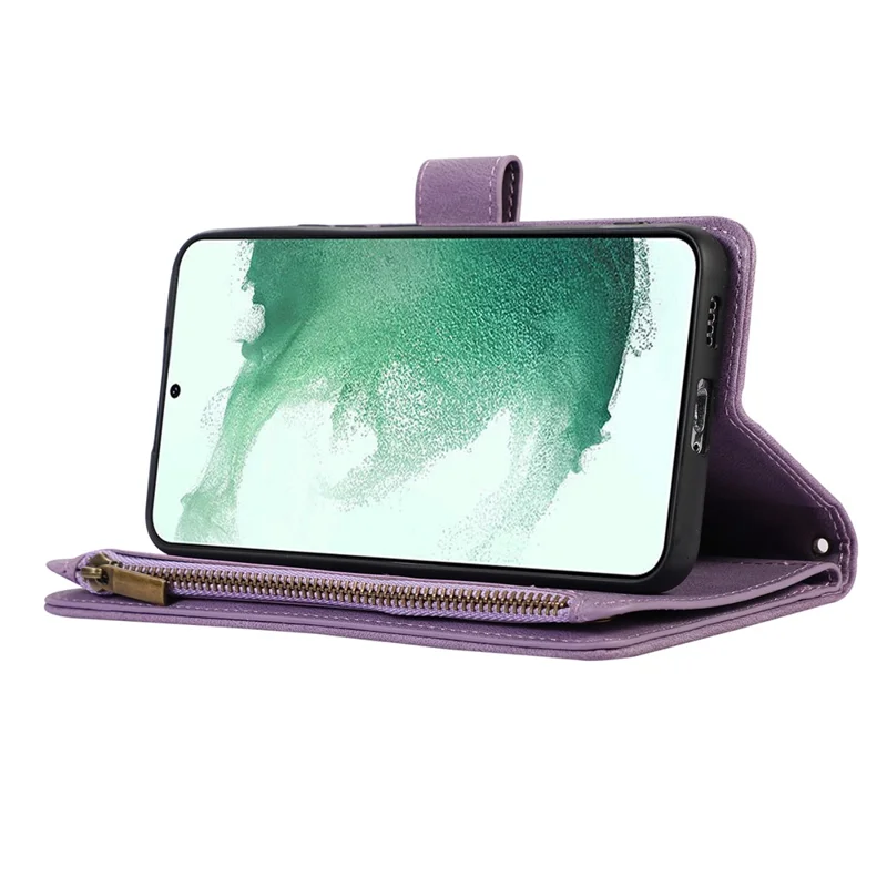 Leather Phone Case for Samsung Galaxy S22+ 5G 9 Card Slots Zipper Pocket Rhombus Imprint Stand Wallet Cover - Purple