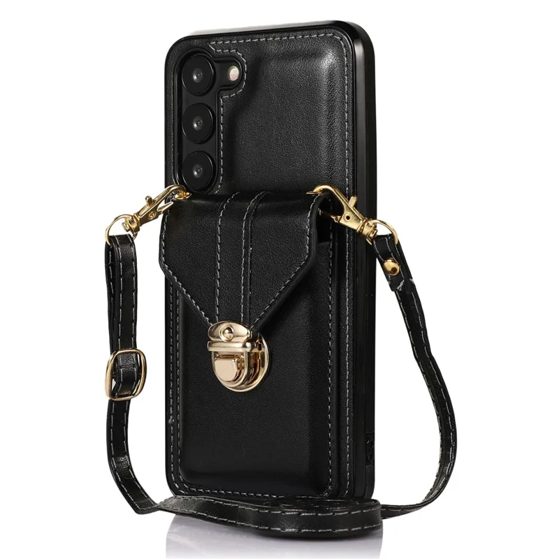 Phone Cover for Samsung Galaxy S23+ PU Leather+TPU Card Holder Kickstand Case with Shoulder Strap - Black