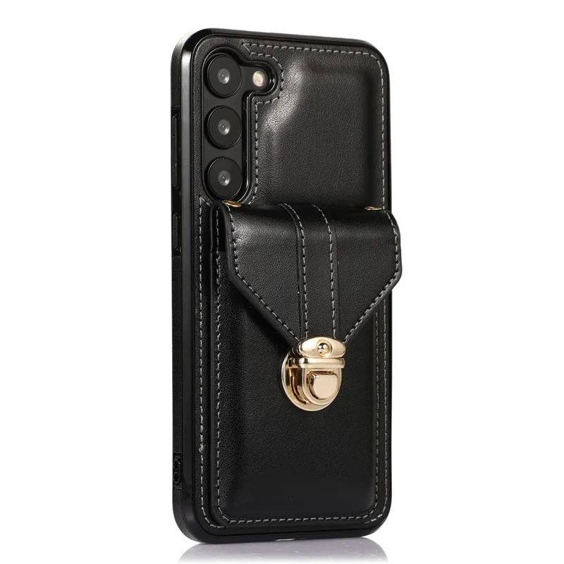 Phone Cover for Samsung Galaxy S23+ PU Leather+TPU Card Holder Kickstand Case with Shoulder Strap - Black