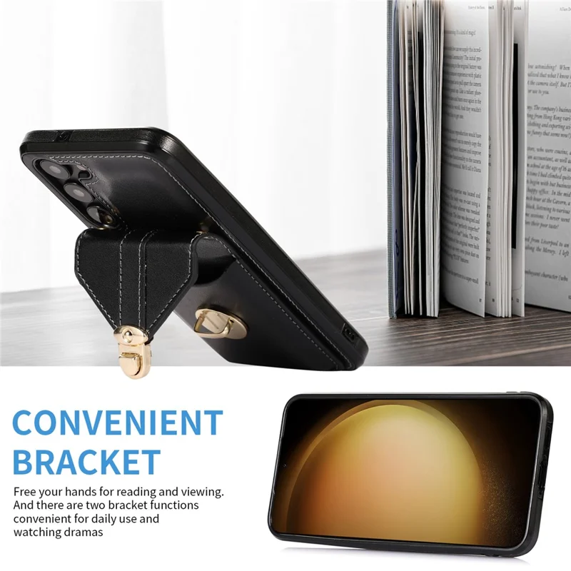 Phone Cover for Samsung Galaxy S23+ PU Leather+TPU Card Holder Kickstand Case with Shoulder Strap - Black