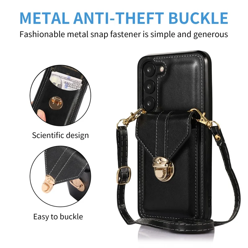 Phone Cover for Samsung Galaxy S23+ PU Leather+TPU Card Holder Kickstand Case with Shoulder Strap - Black