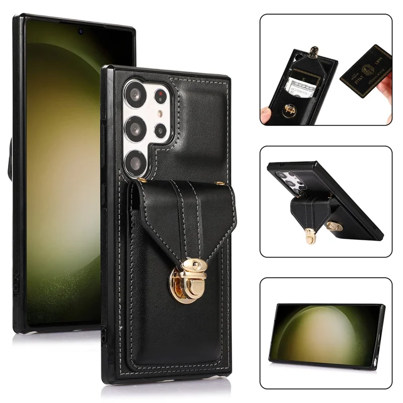 Für Samsung Galaxy S23 Ultra Kartenfach Handyhülle mit Ständer PU-Leder+TPU-Hülle mit Schultergurt - Schwarz