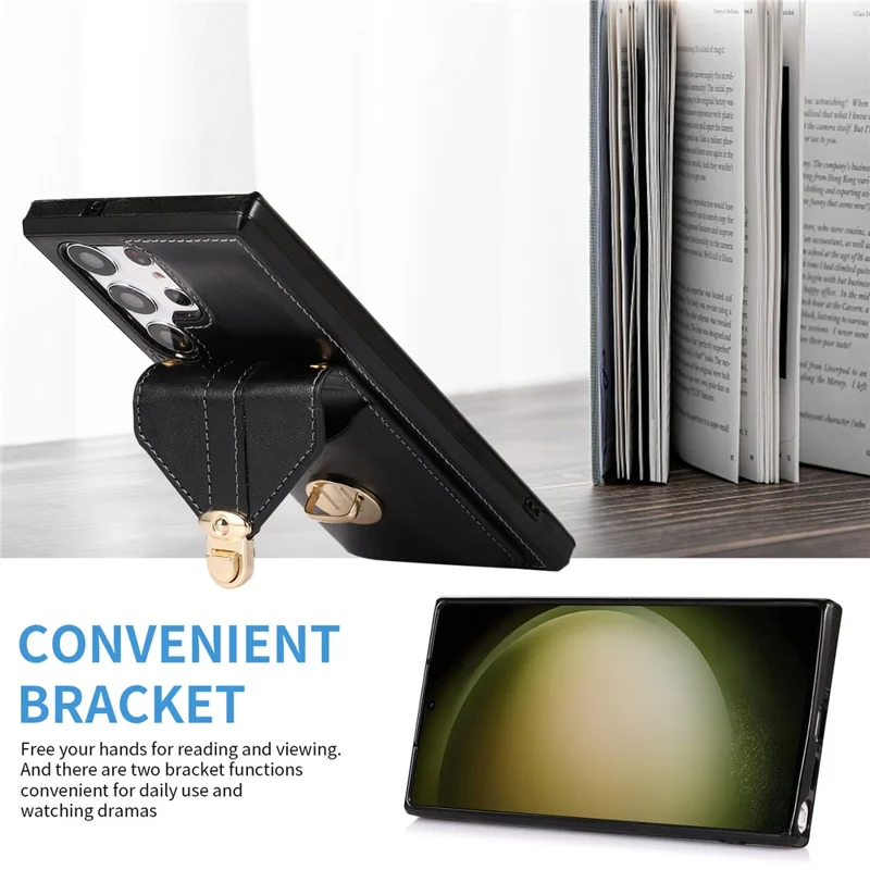 Für Samsung Galaxy S23 Ultra Kartenfach Handyhülle mit Ständer PU-Leder+TPU-Hülle mit Schultergurt - Schwarz