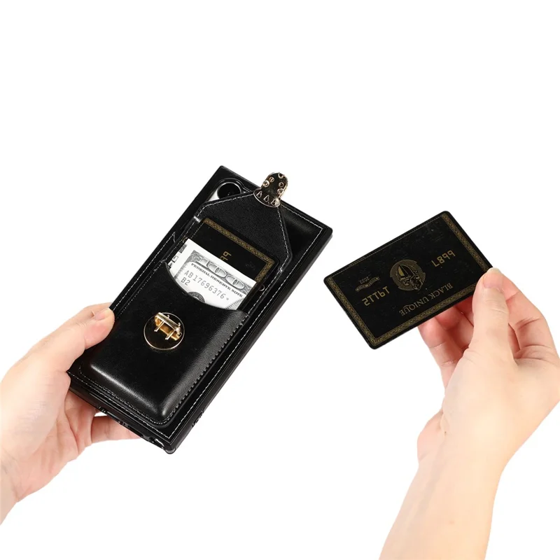 Für Samsung Galaxy S23 Ultra Kartenfach Handyhülle mit Ständer PU-Leder+TPU-Hülle mit Schultergurt - Schwarz