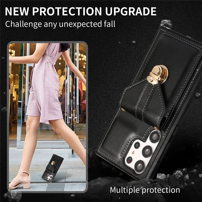 Für Samsung Galaxy S23 Ultra Kartenfach Handyhülle mit Ständer PU-Leder+TPU-Hülle mit Schultergurt - Schwarz