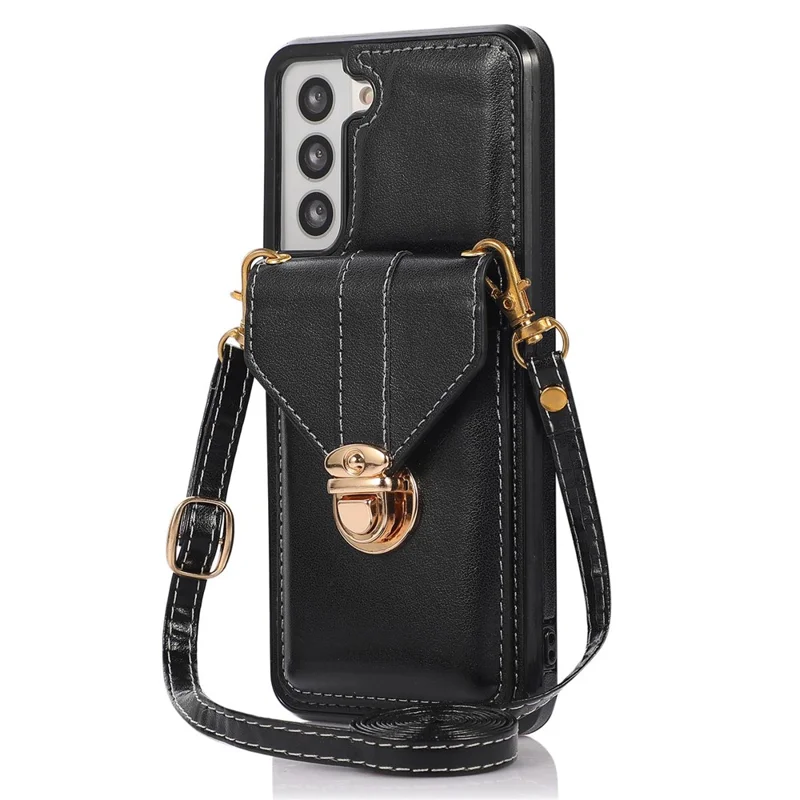 Card Holder Case for Samsung Galaxy S22+ 5G Kickstand PU Leather+TPU Phone Cover with Shoulder Strap - Black