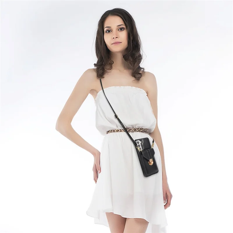 Card Holder Case for Samsung Galaxy S22+ 5G Kickstand PU Leather+TPU Phone Cover with Shoulder Strap - Black