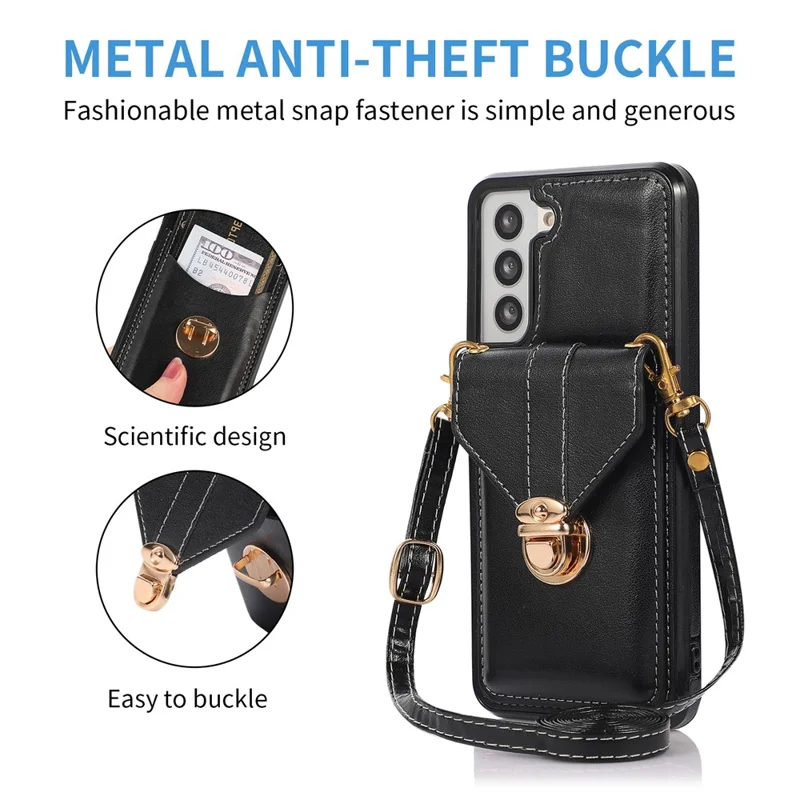 Card Holder Case for Samsung Galaxy S22+ 5G Kickstand PU Leather+TPU Phone Cover with Shoulder Strap - Black